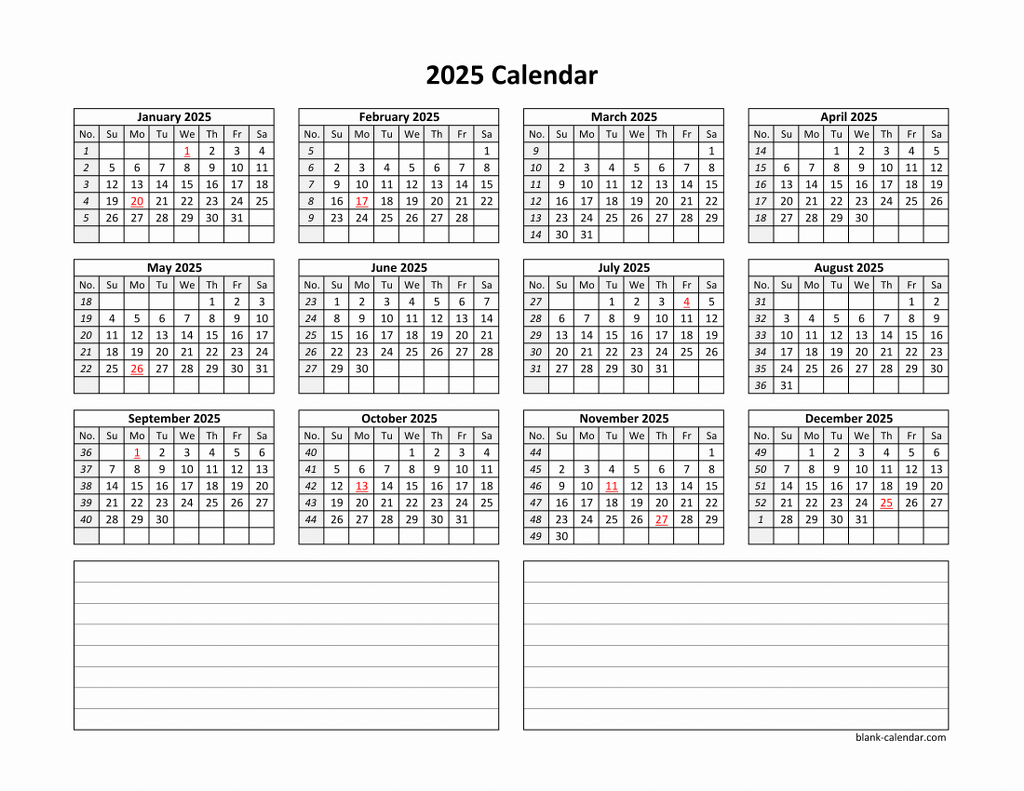 Yearly 2025 Calendars for Printable 2025 Calendar With Notes