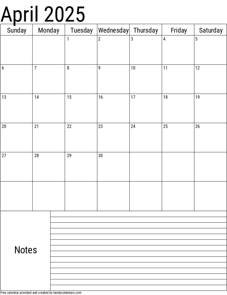April 2025 Calendar Printable with Notes