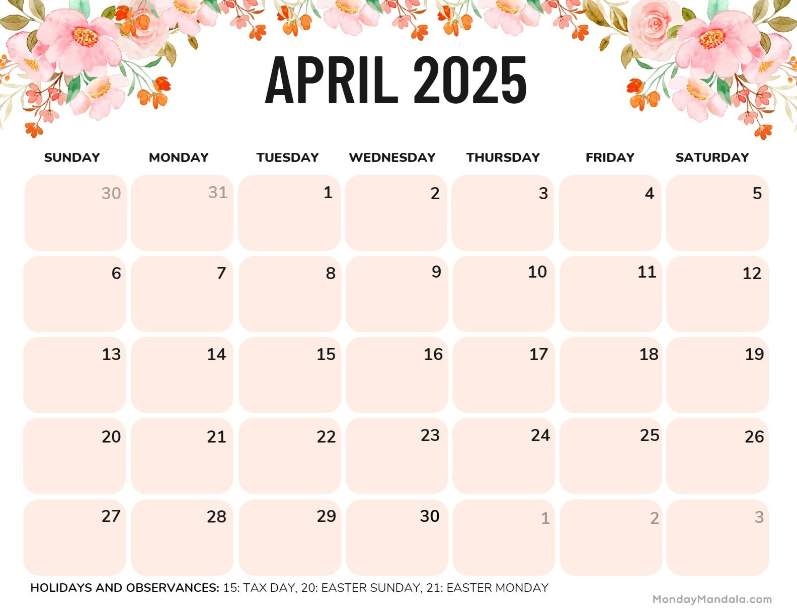 April 2025 Calendar (52 Free Pdf Printables) for April 2025 Printable Landscape Calendar With Flowers