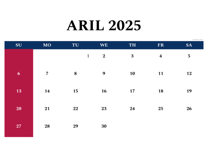 April 2025 Calendar Printable Horizontal
