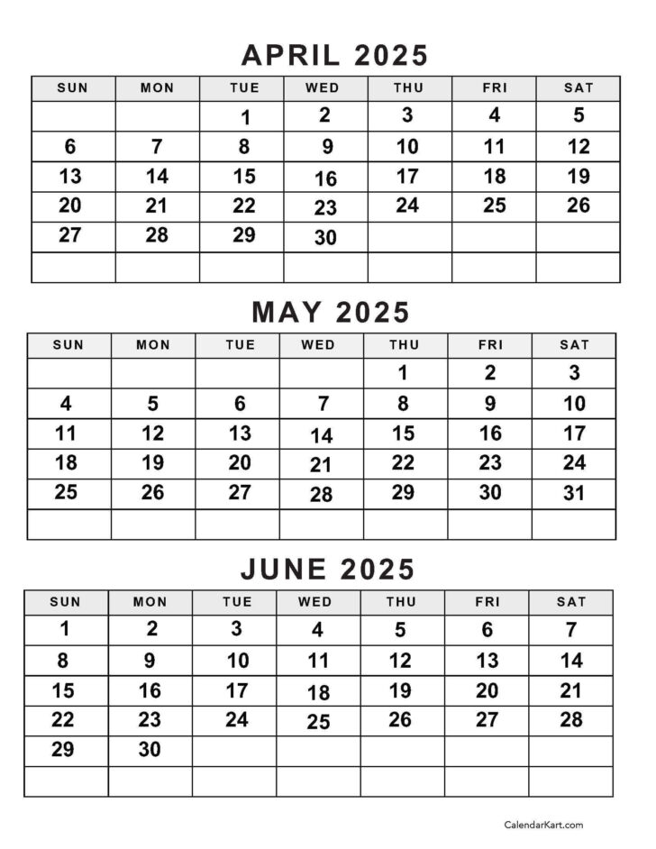 April May June 2025 Calendar Printable Free