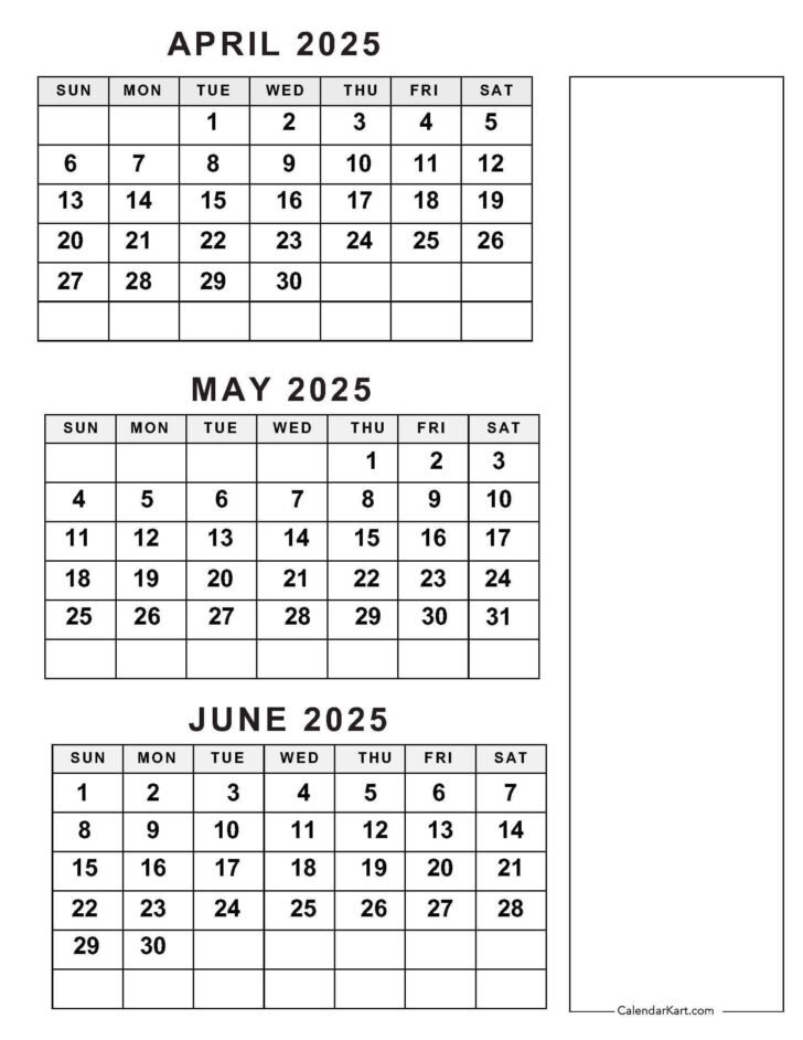 3 Month Calendar Printable 2025 April May June