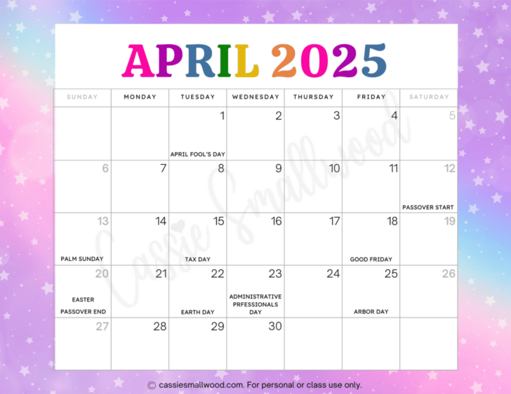 April Calendar 2025 with Holidays Printable