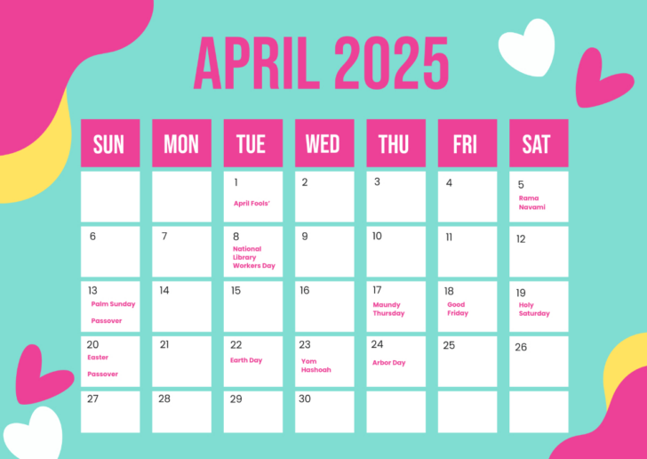 2025 April Calendar with Holidays Printable