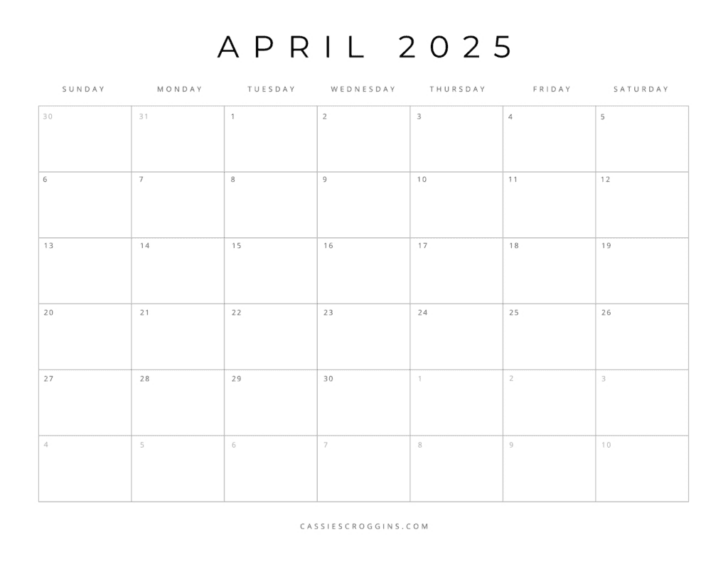 Blank April Calendar 2025 Printable