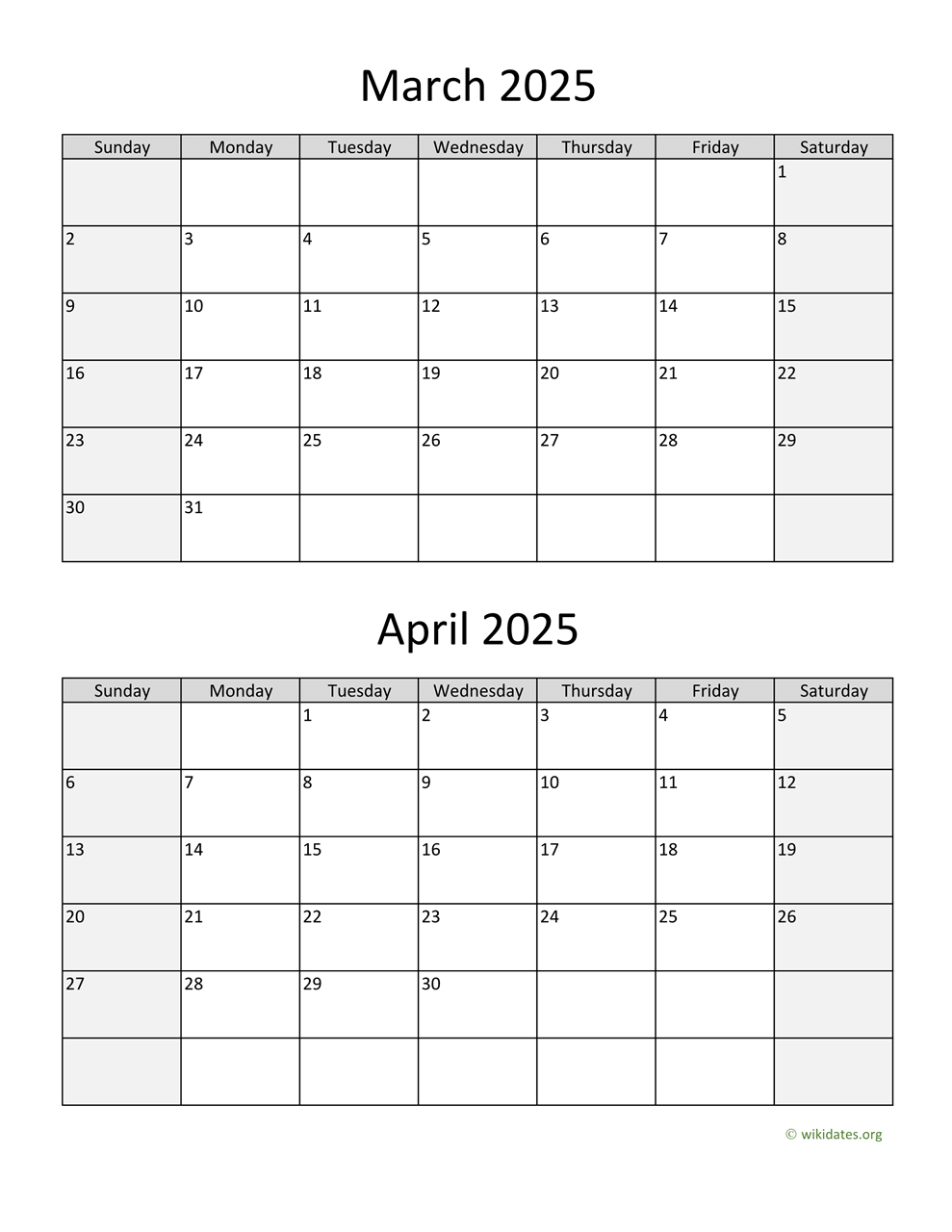 March And April 2025 Calendar | Wikidates pertaining to April 2025 March 2026 Calendar Printable