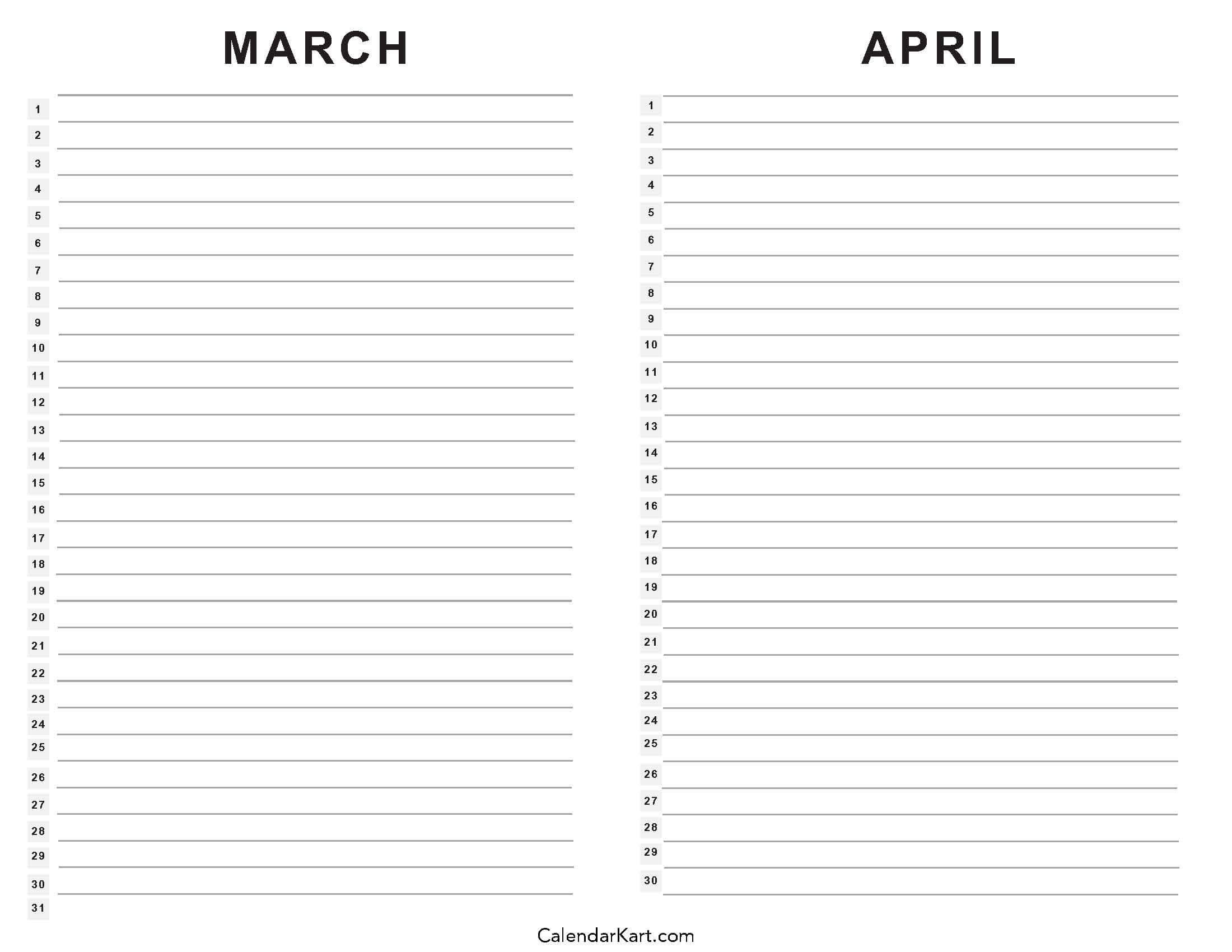 Printable March April 2025 Calendar | Calendarkart within 2 Month March April 2025 Calendar Printable