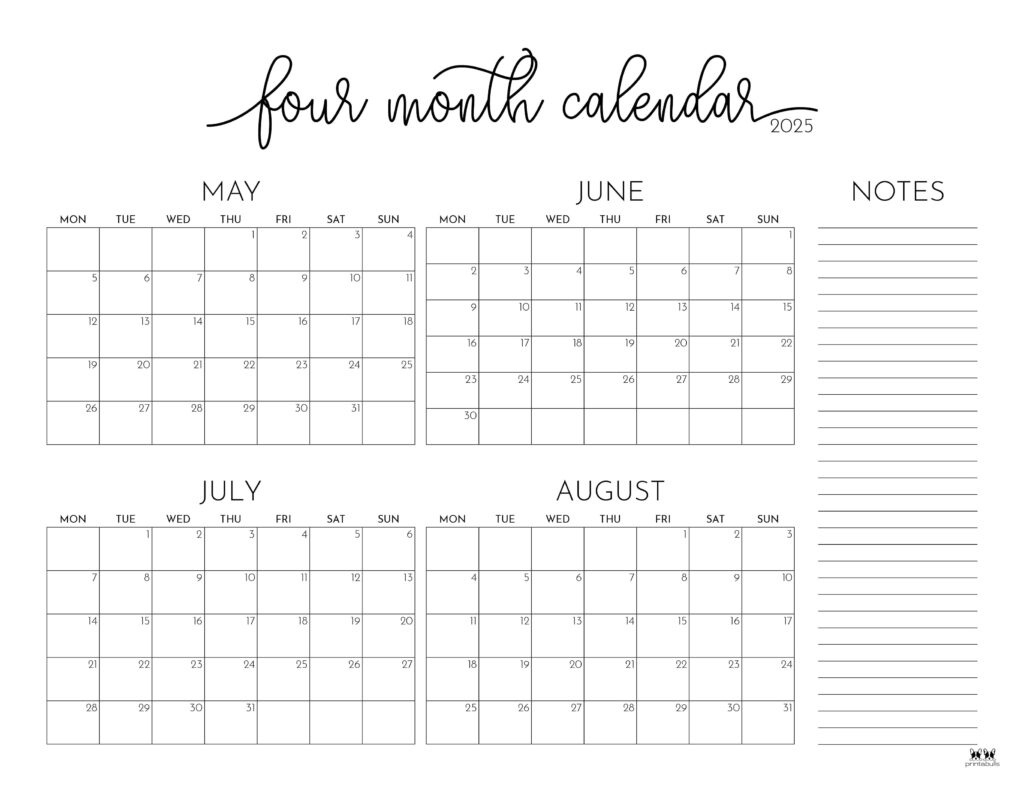 2025 Four Month Calendars - 31 Free Printables | Printabulls inside April May June 2025 Printable Calendar