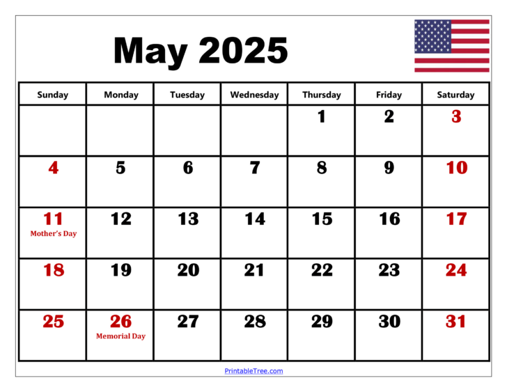 Free Printable May 2025 Monthly Calendar with Holidays