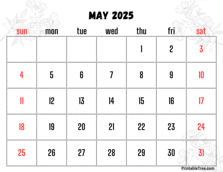 Printable Calendar of May 2025 Free