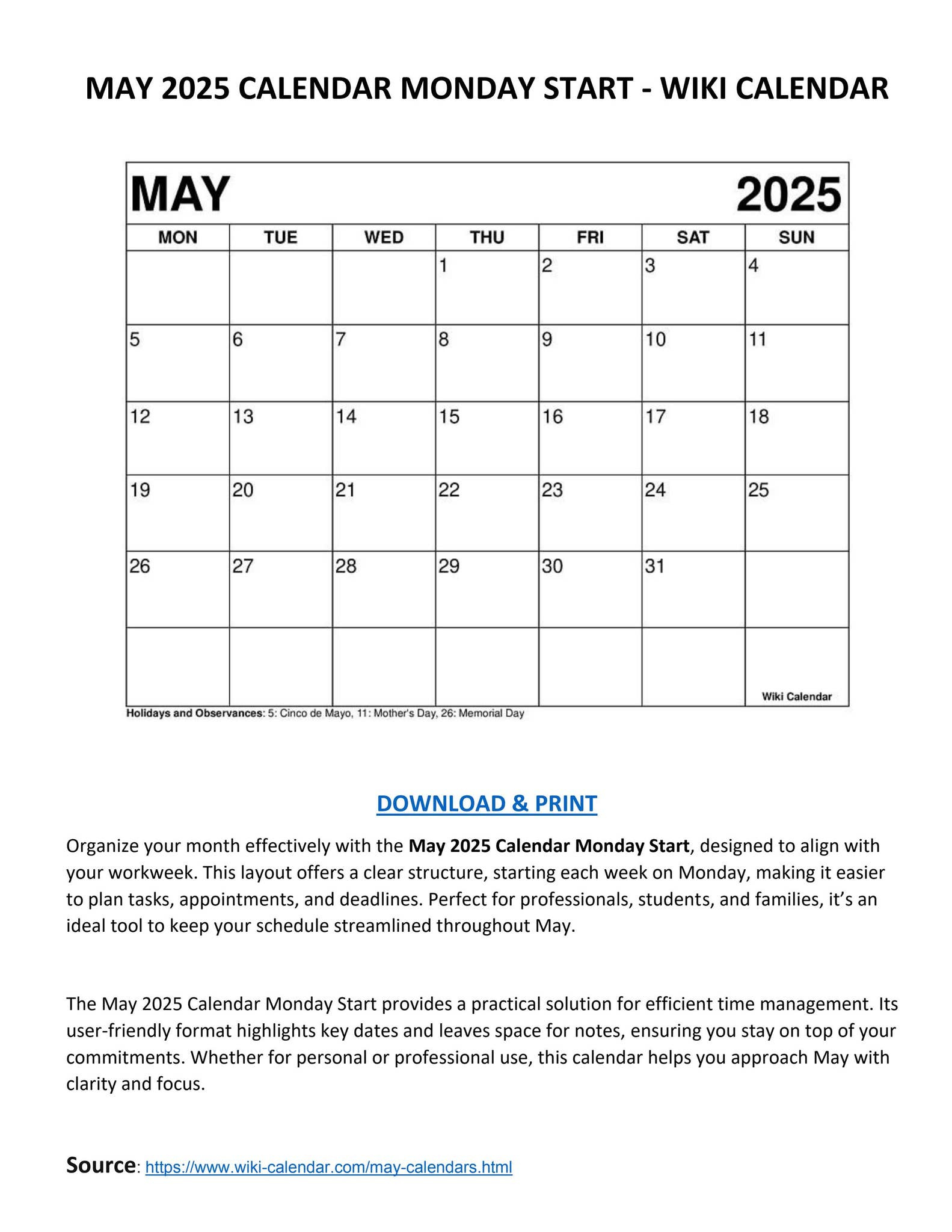 May 2025 Calendar Monday Start - Wiki Calendarwiki Calendar regarding May 2025 Calendar Printable Wiki