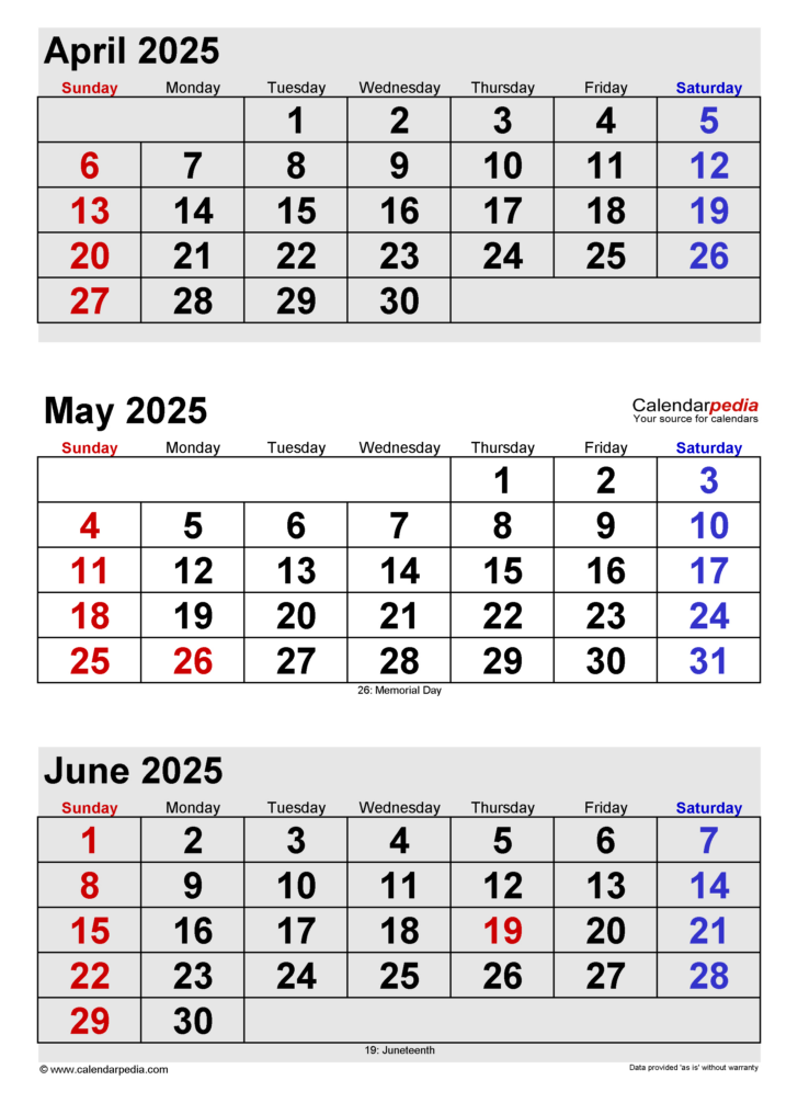 April May June Calendar 2025