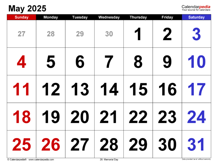 Calendar For Month of May 2025