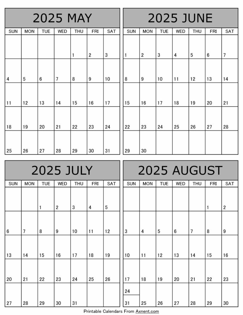 May To August 2025 Calendar Templates - Four Months inside May June July August Calendar 2025