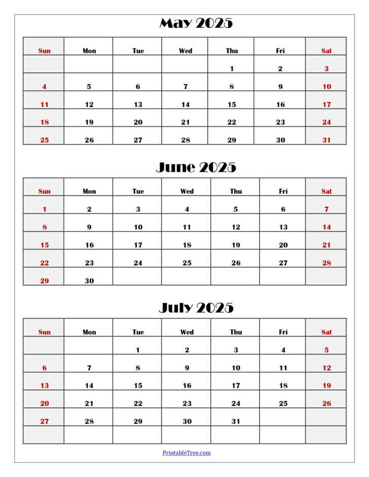 May June July 2025 Printable Calendar