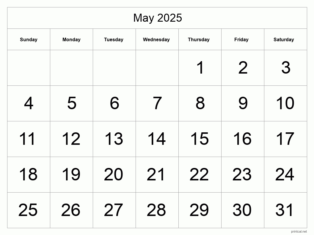 Printable May 2025 Calendar - Big Dates within May Month 2025 Calendar Printable