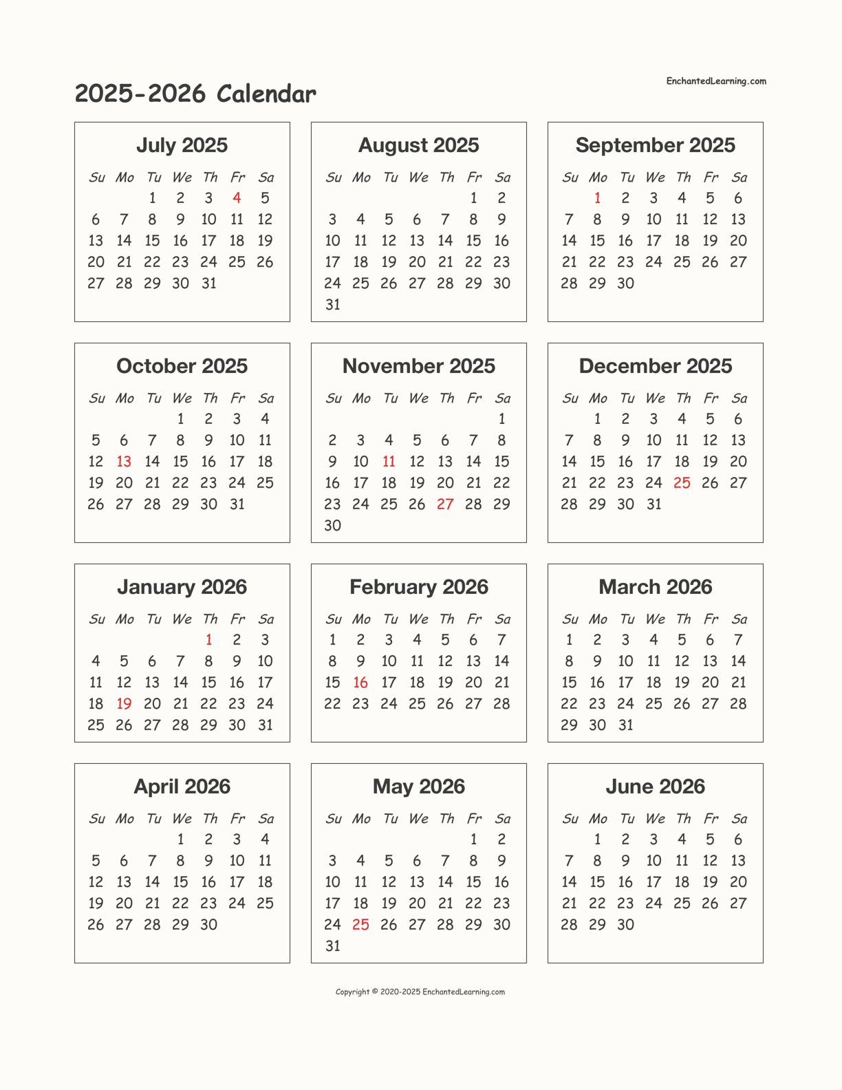 2025-2026 School-Year One-Page Calendar - Enchanted Learning in Printable Calendar June 2025 To June 2026