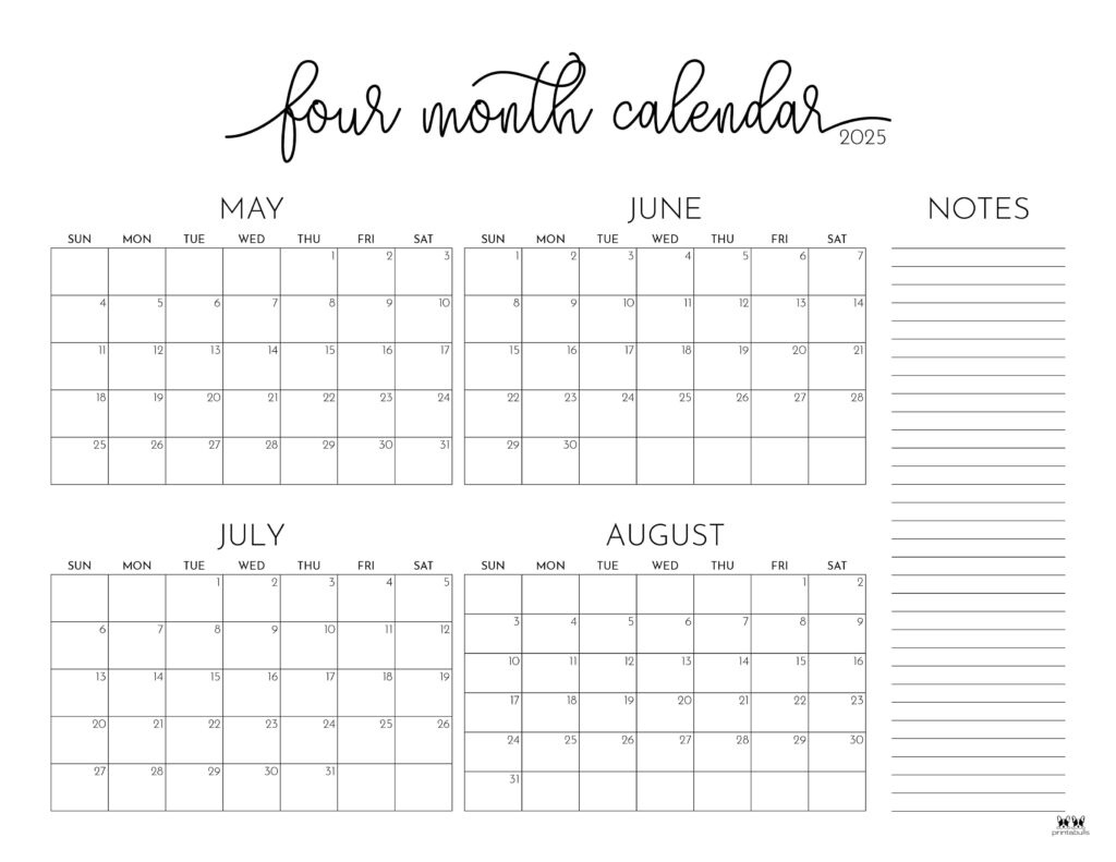 2025 Four Month Calendars - 31 Free Printables | Printabulls for April May June July Calendar 2025
