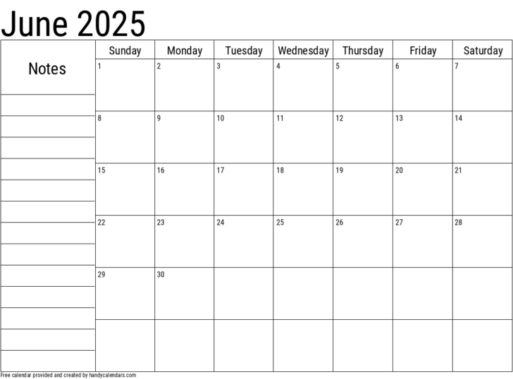 June 2025 Printable Calendar with Notes