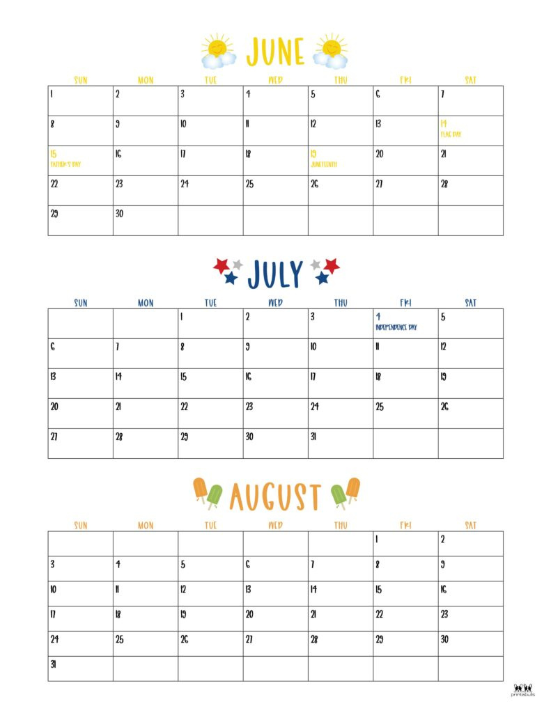 2025 Summer Calendars - 27 Free Printables | Printabulls in June August Calendar 2025