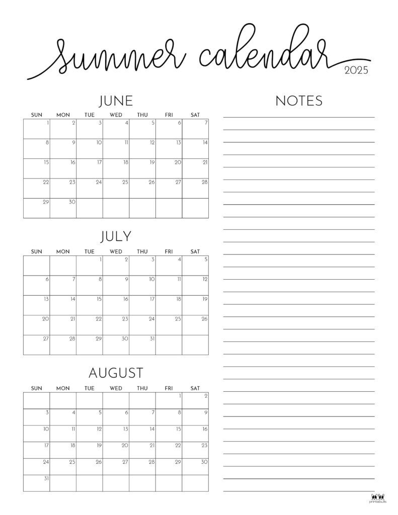 2025 Summer Calendars - 27 Free Printables | Printabulls inside June - August 2025 Calendar