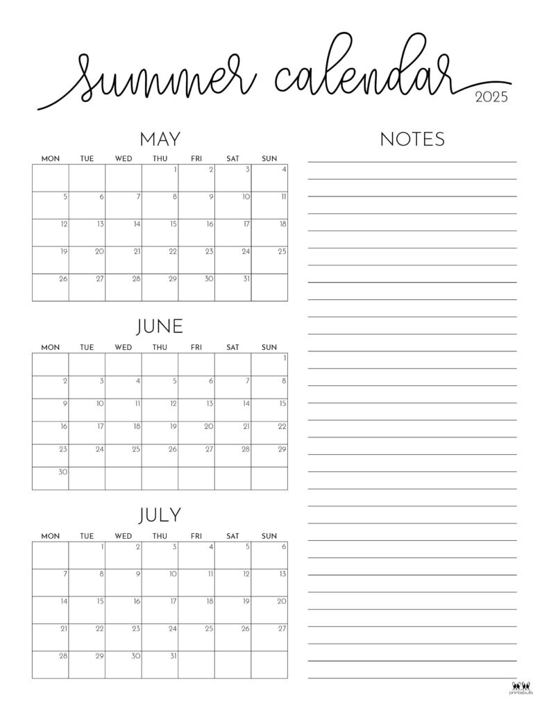 2025 Summer Calendars - 27 Free Printables | Printabulls within June July 2025 Calendar