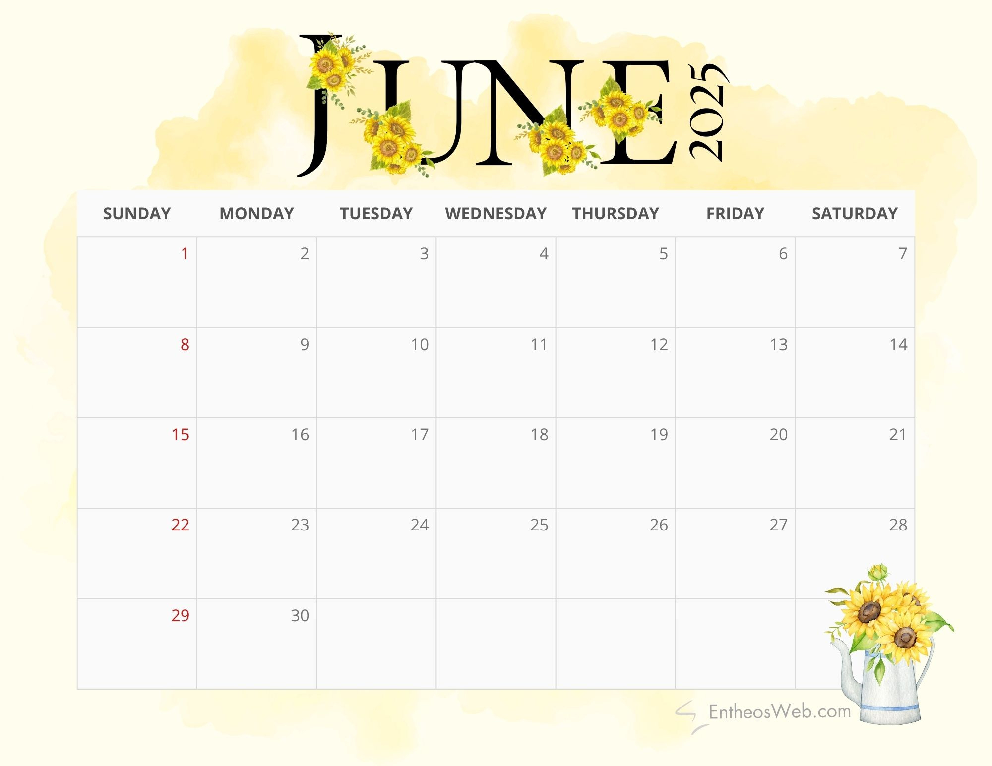 2025 Sunflowers Calendar Printable | Entheosweb pertaining to Sunflower June 2025 Calendar