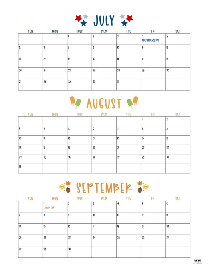 3 Month Calendar Printable June July August 2025
