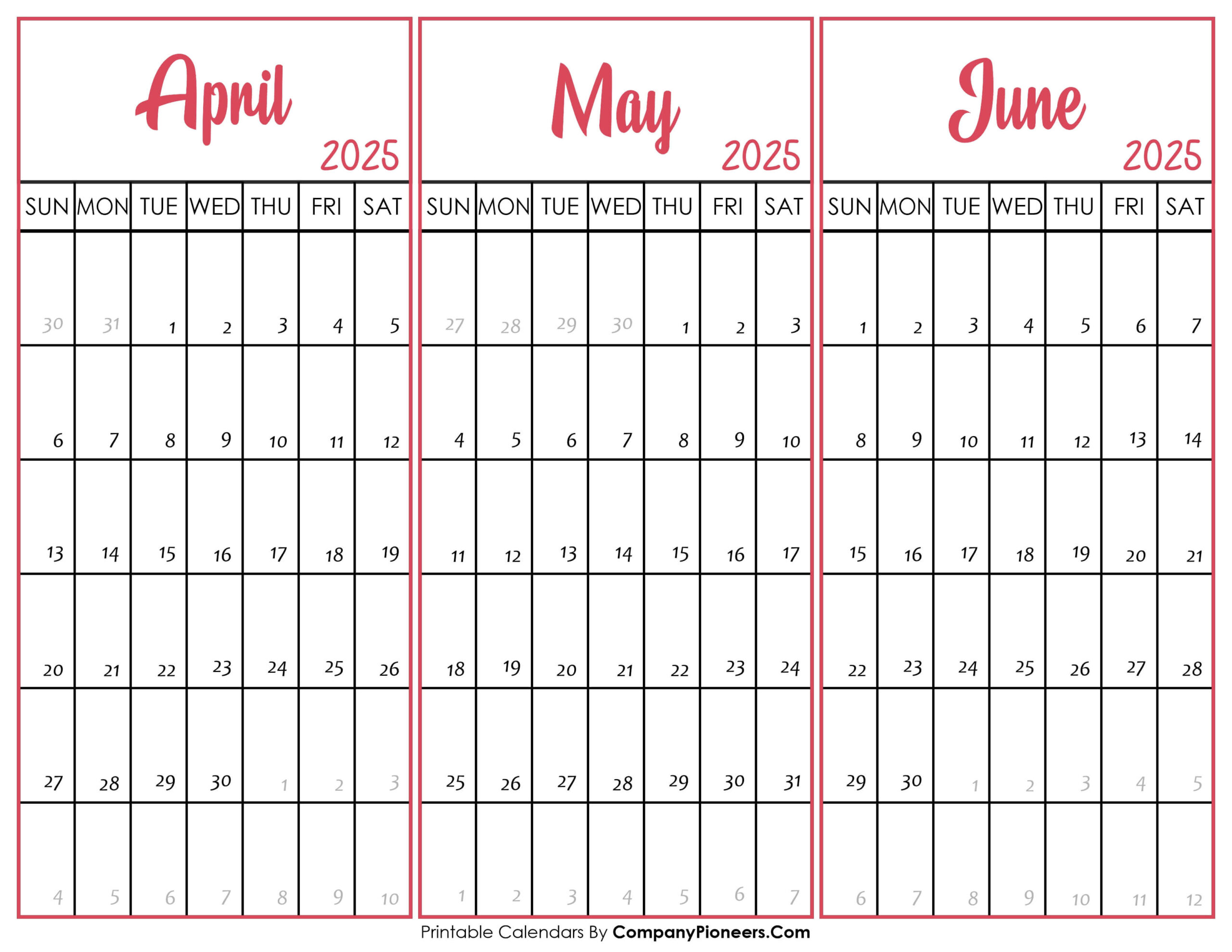 April May June 2025 Calendar Printable - Template inside April May and June Calendar 2025