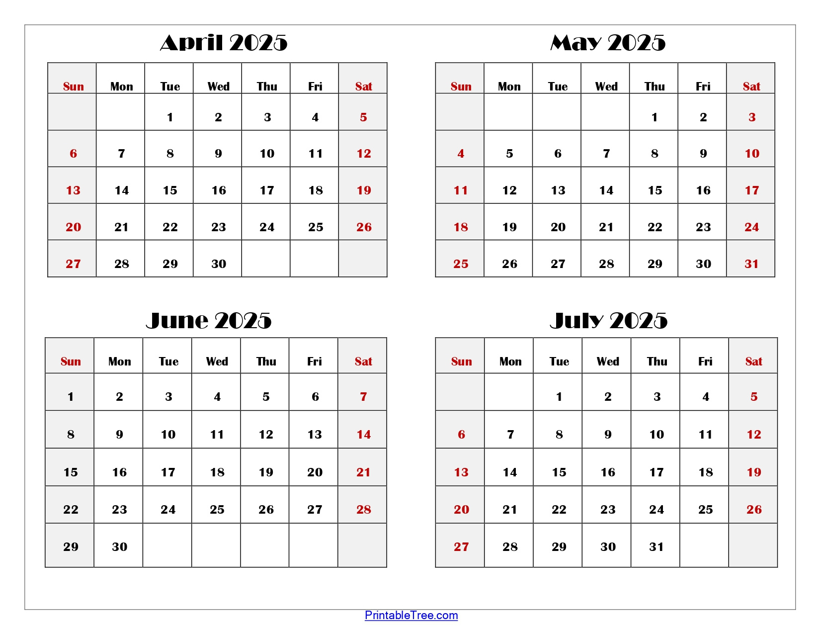 April To July 2025 Calendar Printable Pdf | Four Months Calendar with April May June July Calendar 2025