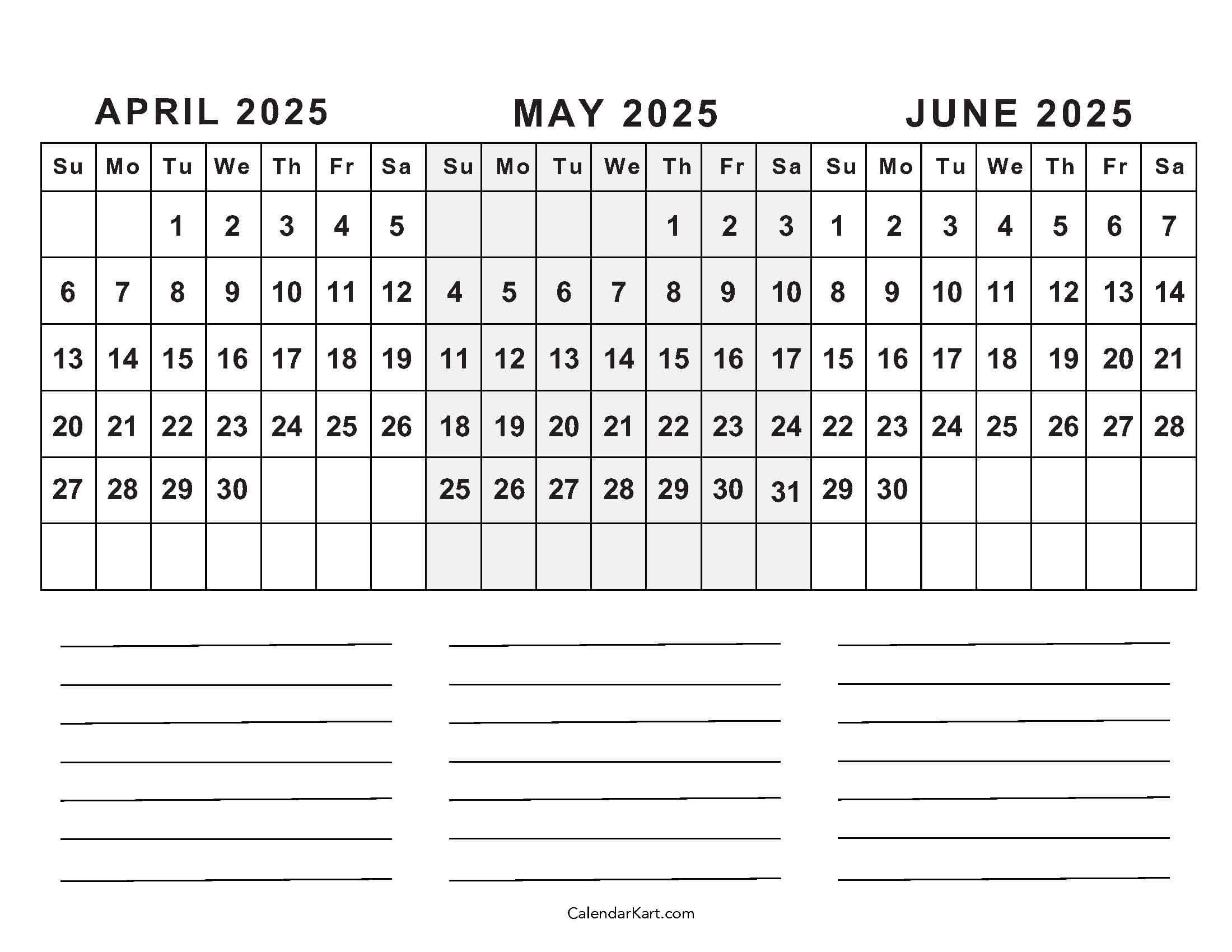 April To June 2025 Calendars (Q2): Free Printables inside April May and June Calendar 2025