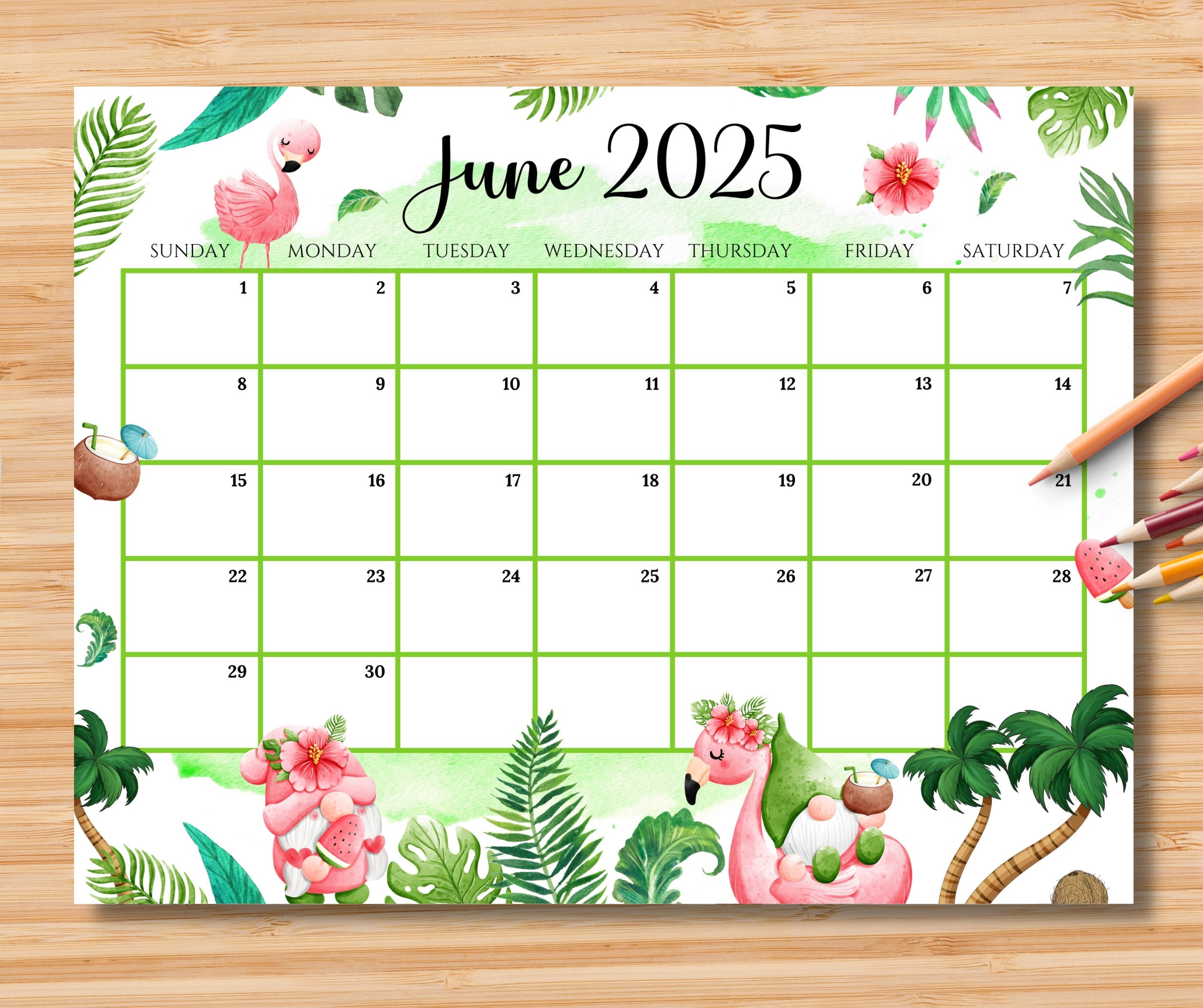 Editable June 2025 Calendar, Joyful Summer With Cute Gnomes with June 2025 Calendar Colorful