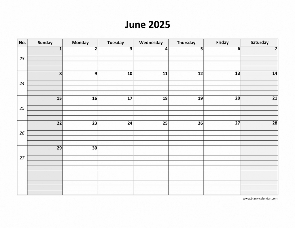 Free Download Printable June 2025 Calendar, Large Box Grid, Space in June Calendar 2025 With Lines