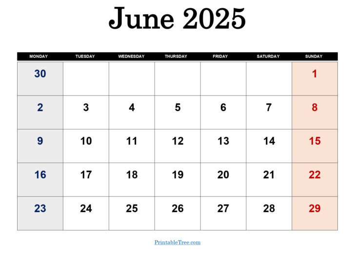 June 2025 Calendar Monday Start