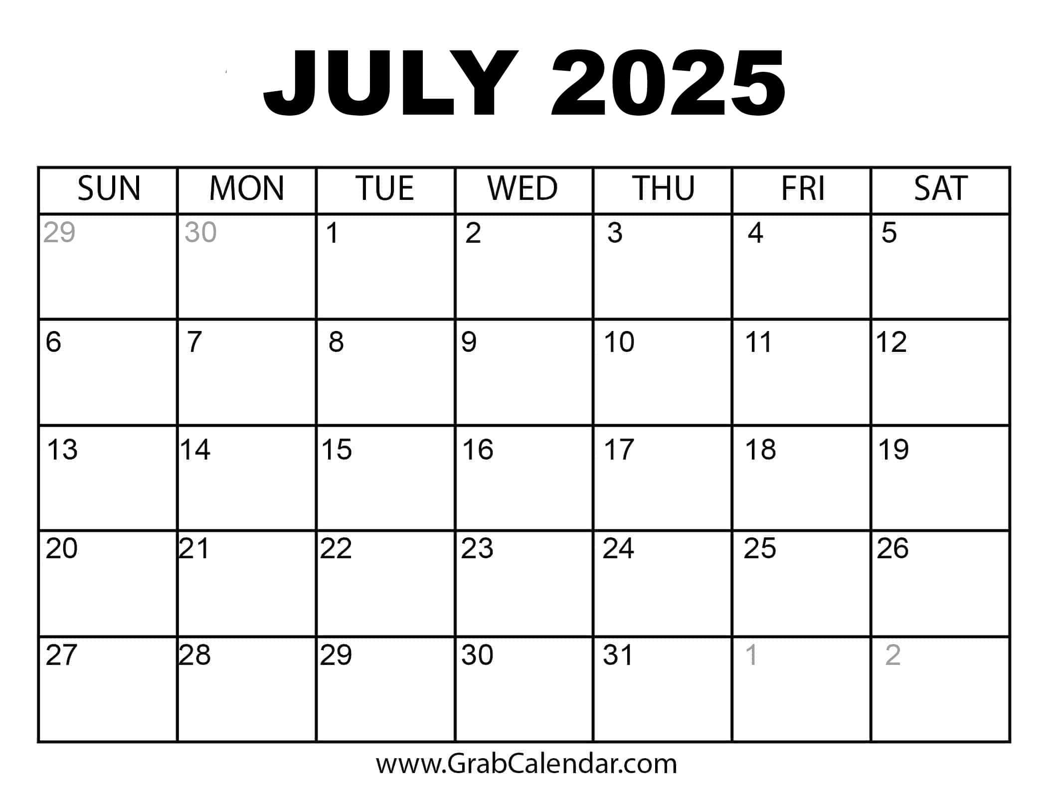 Free Printable Calendar 2025 - Grab Calendar intended for July 2024 to June 2025 Calendar Printable Free