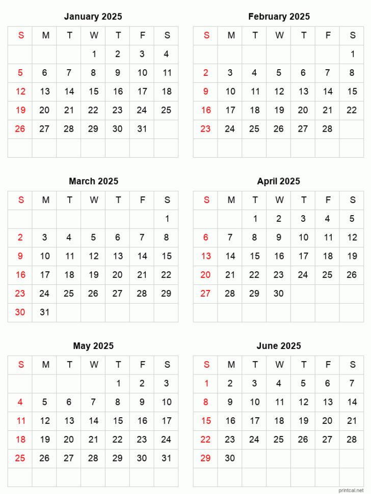 January to June 2025 Calendar January to June 2025 Calendar