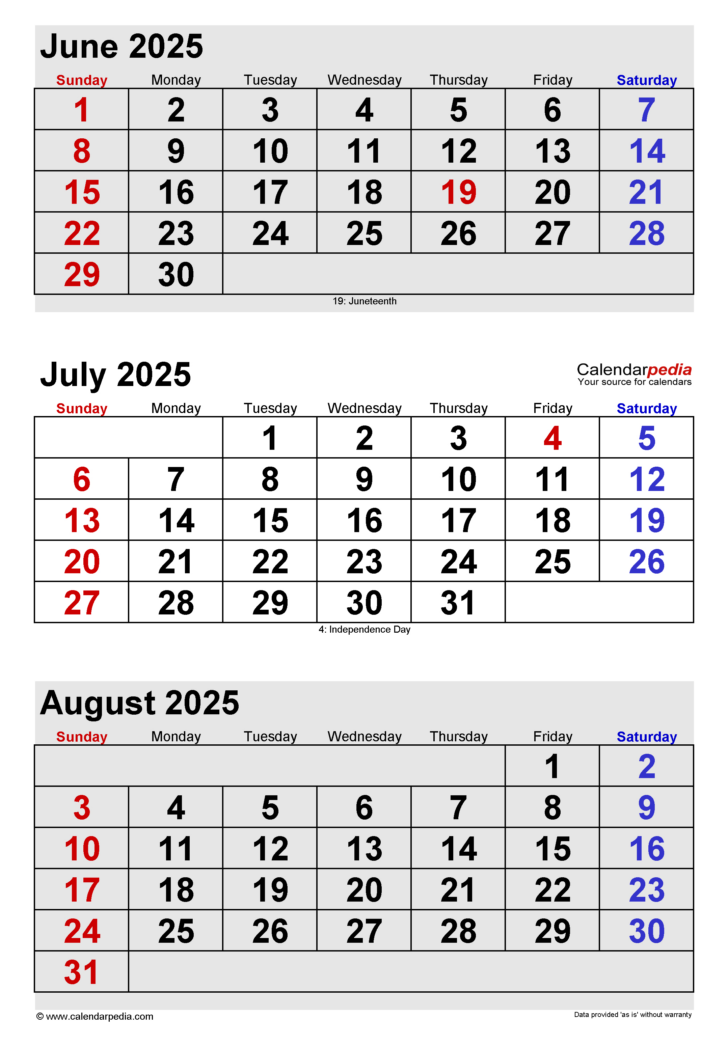Printable 3 Month Calendar 2025 June July August