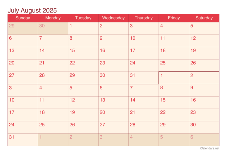 June July and August Calendar 2025