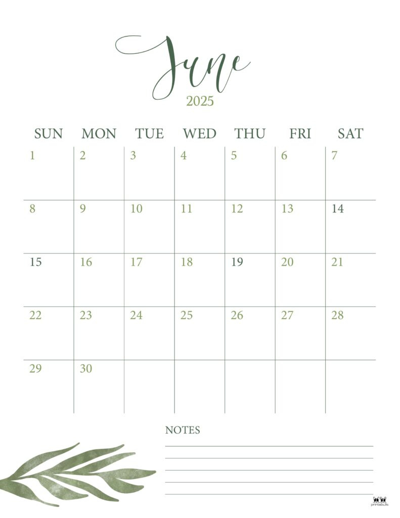 June 2025 Calendars - 107 Free Printables | Printabulls pertaining to June 2025 Calendar with Notes