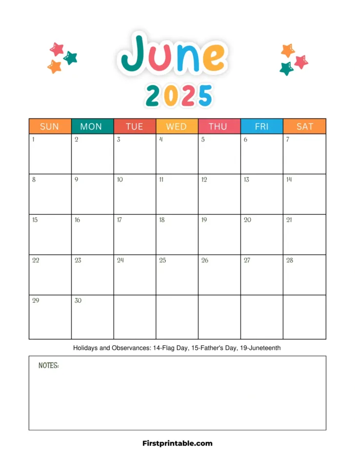 June 2025 Calendar with Lines Printable