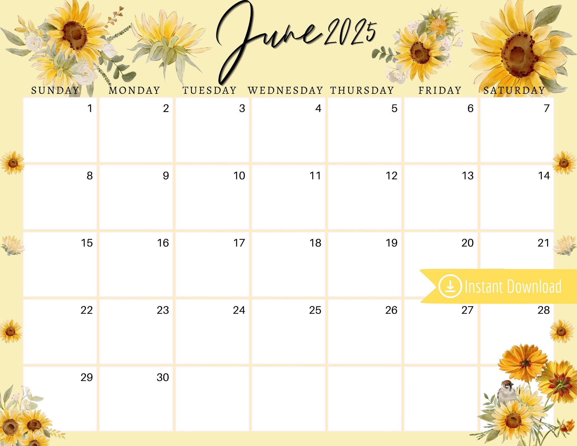 June 2025 Digital Calendar - Yellow Sunflowers Planner Editable for Sunflower June 2025 Calendar