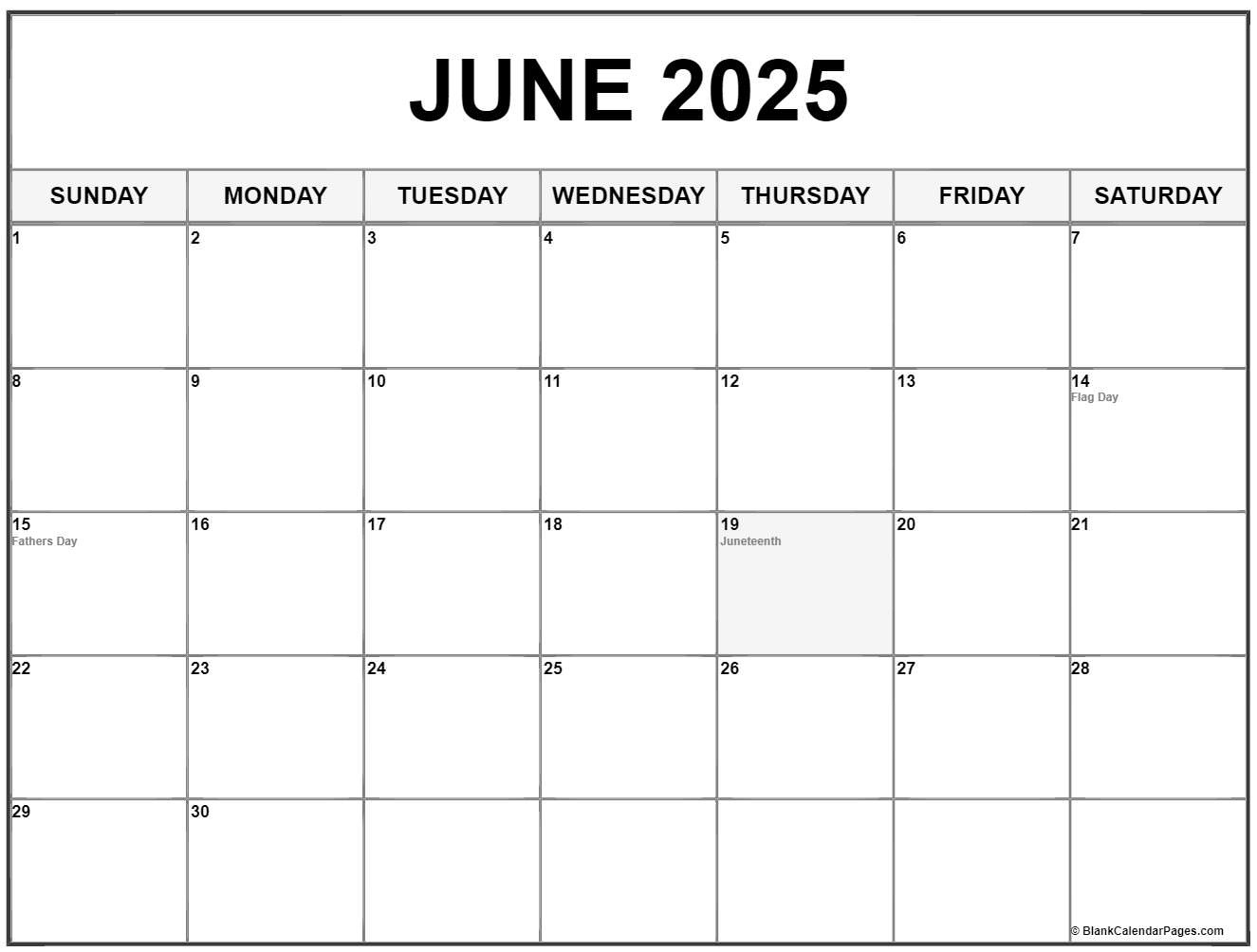 June 2025 With Holidays Calendar within June Calendar with Holidays 2025