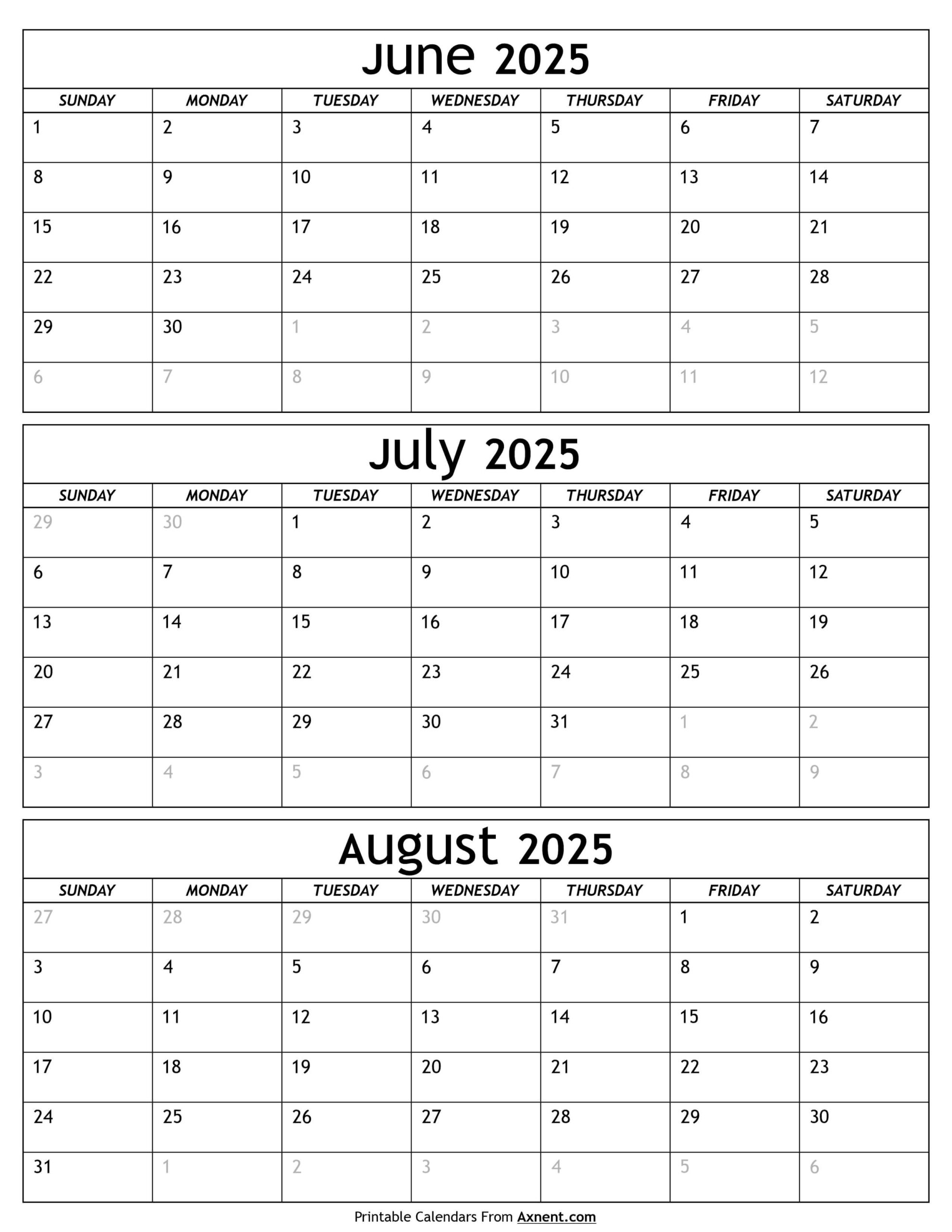 June To August Calendar 2025 Templates - Three Months within June Through August 2025 Calendar