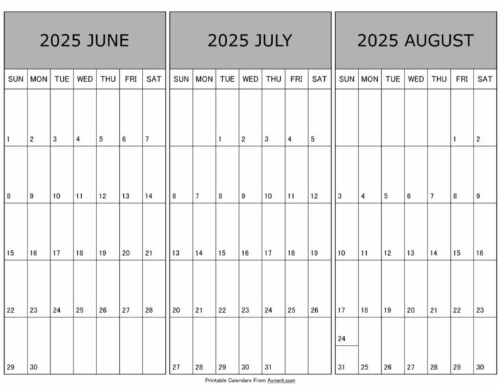 Printable 3 Month Calendar June July August 2025