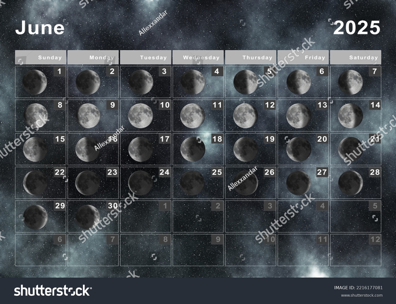 Juni 2025 Mondkalender, Mondzyklen, Mondphasen: Stockillustration regarding Moon Calendar 2025 June
