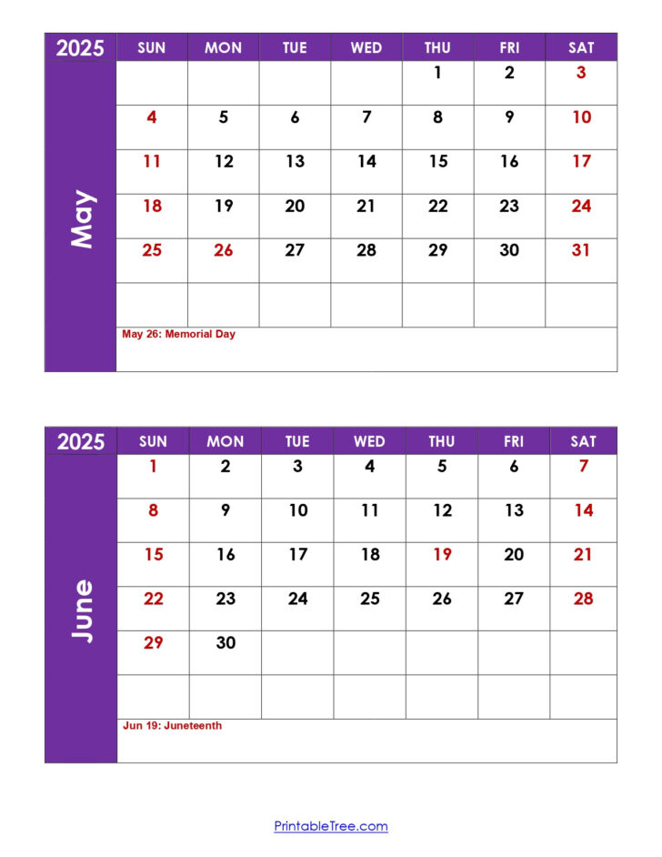 May and June Calendar 2025 Printable