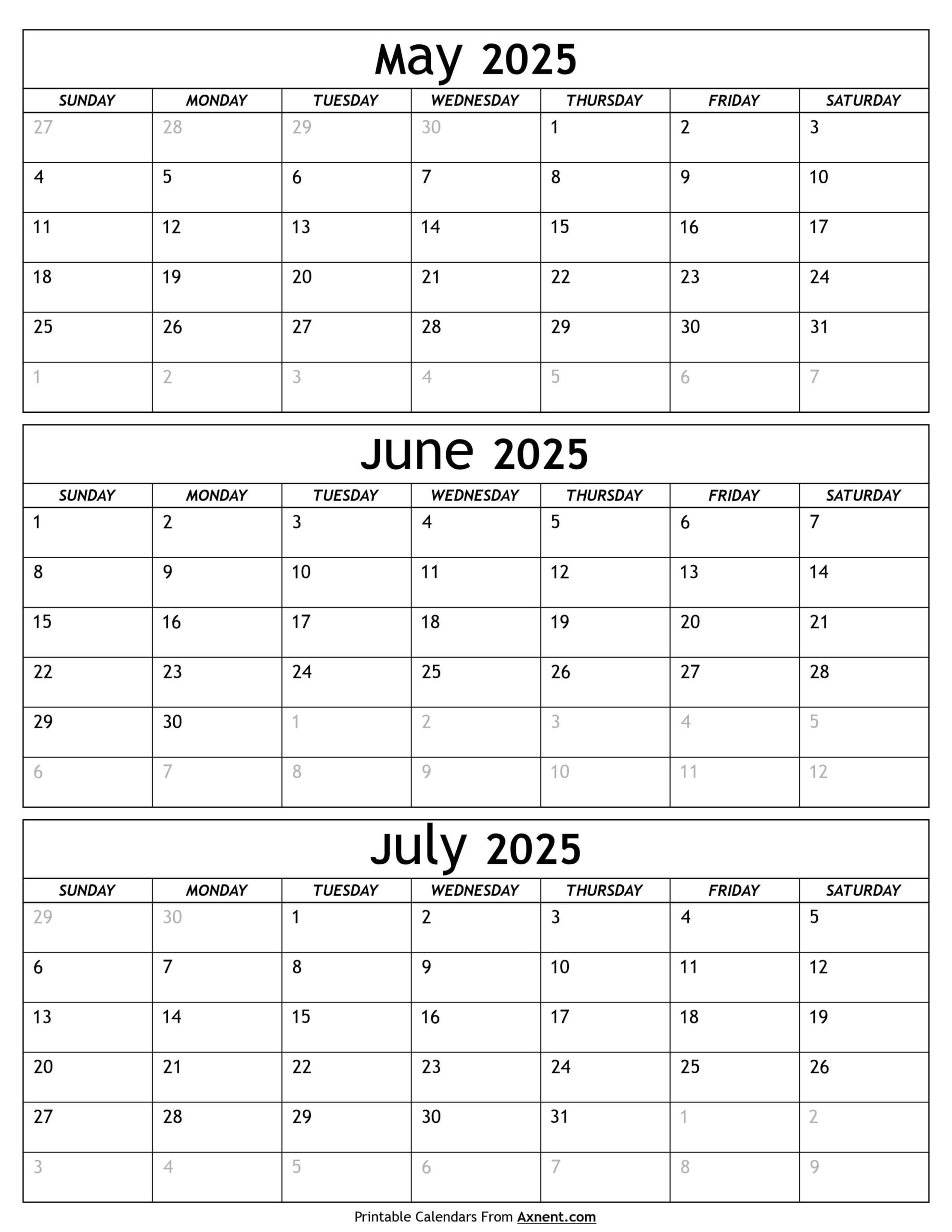 May To July Calendar 2025 Templates - Three Months inside Calendar May June July 2025