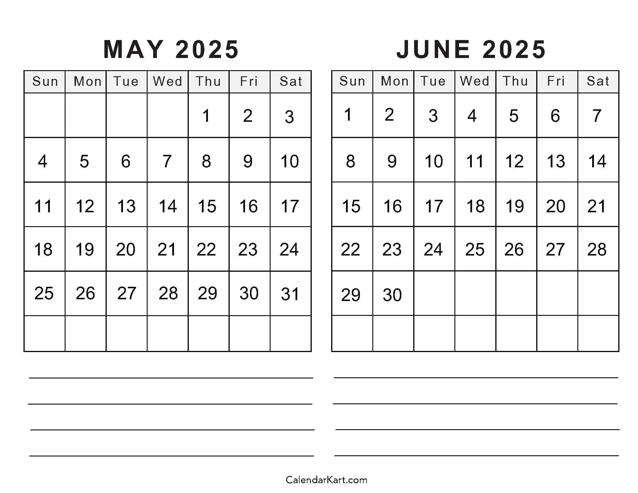 Printable May June 2025 Calendar Templates | Calendarkart intended for May and June Printable Calendar 2025