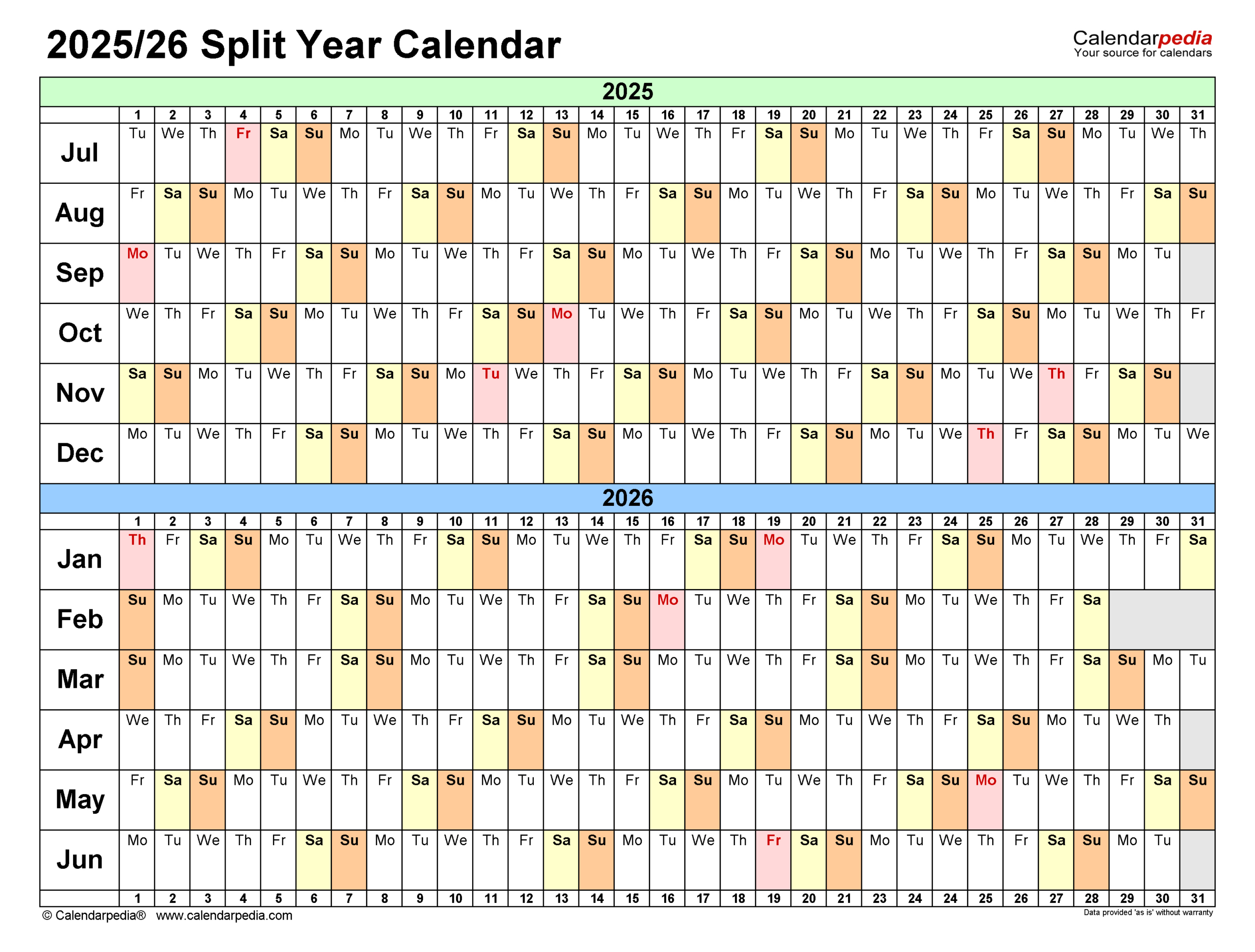 Split Year Calendars 2025/2026 (July To June) - Pdf Templates with Printable Calendar June 2025 to June 2026