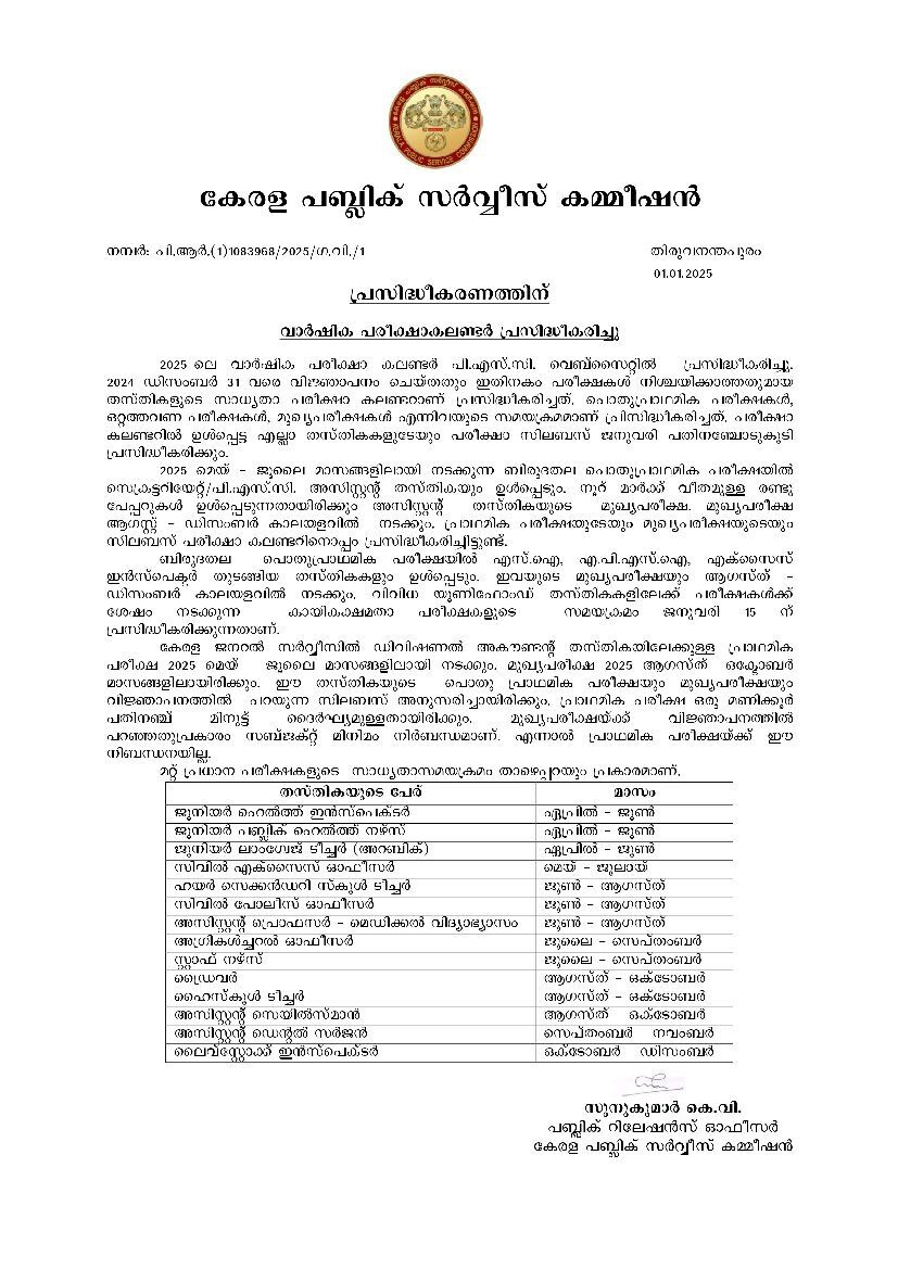 2025–ലെ പിഎസ്‌സി പരീക്ഷ കലണ്ടർ തയ്യാർ intended for Kerala Psc Exam Calendar July 2025